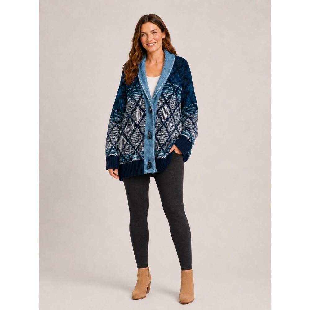 Forever 21 Grandpa Cozy Cardigan Sweater Womens Large‎ Blue Black Argyle Toggle